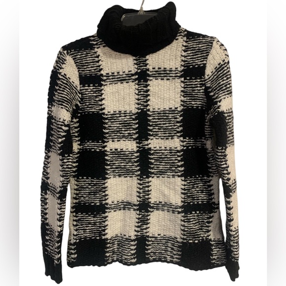 Talbots Black & White Plaid Turtleneck Sweater Wool Blend Pullover Knit Petite S - Picture 1 of 6